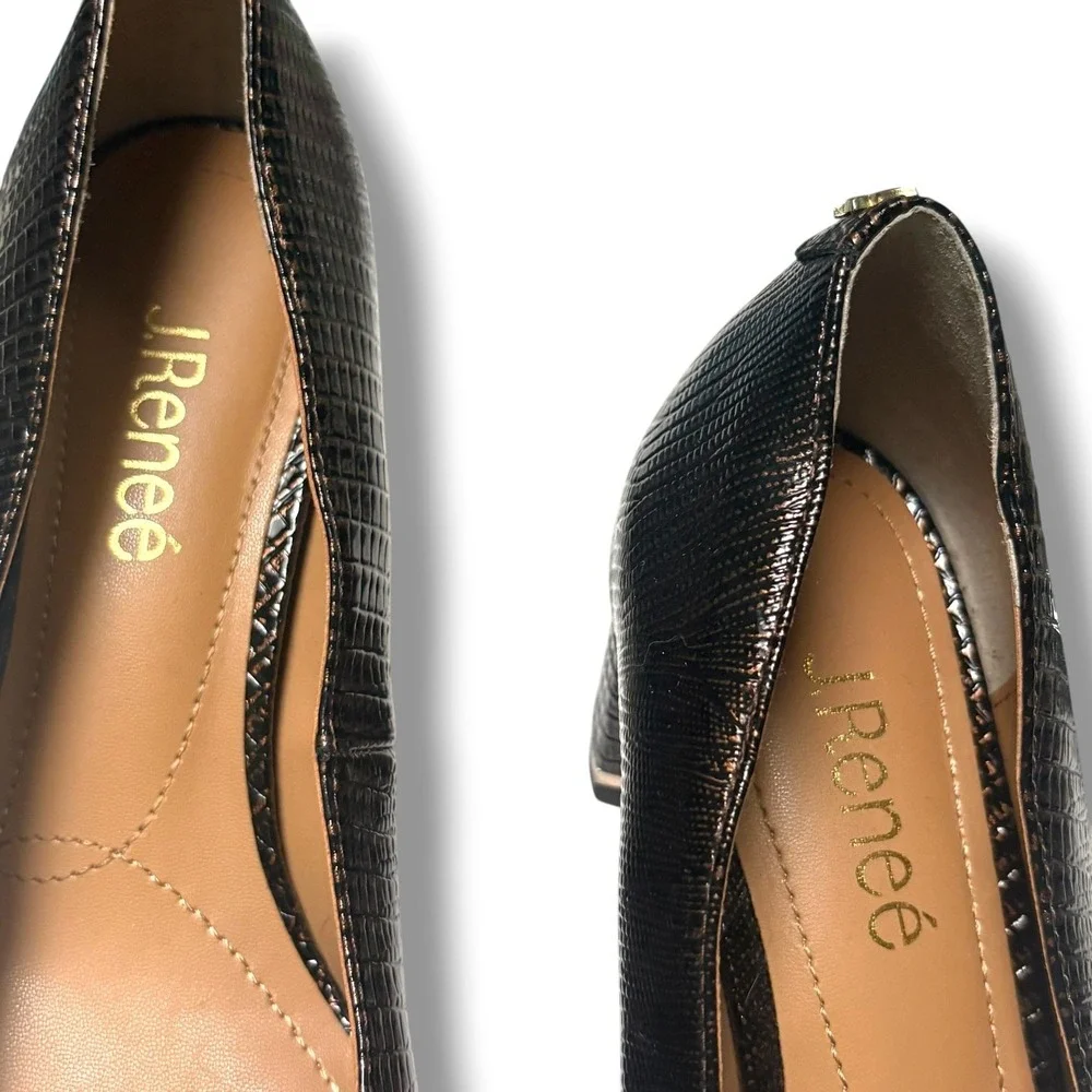 J. Renee Bronze Metallic Lizard Embossed Square Toe Block Heel Pumps